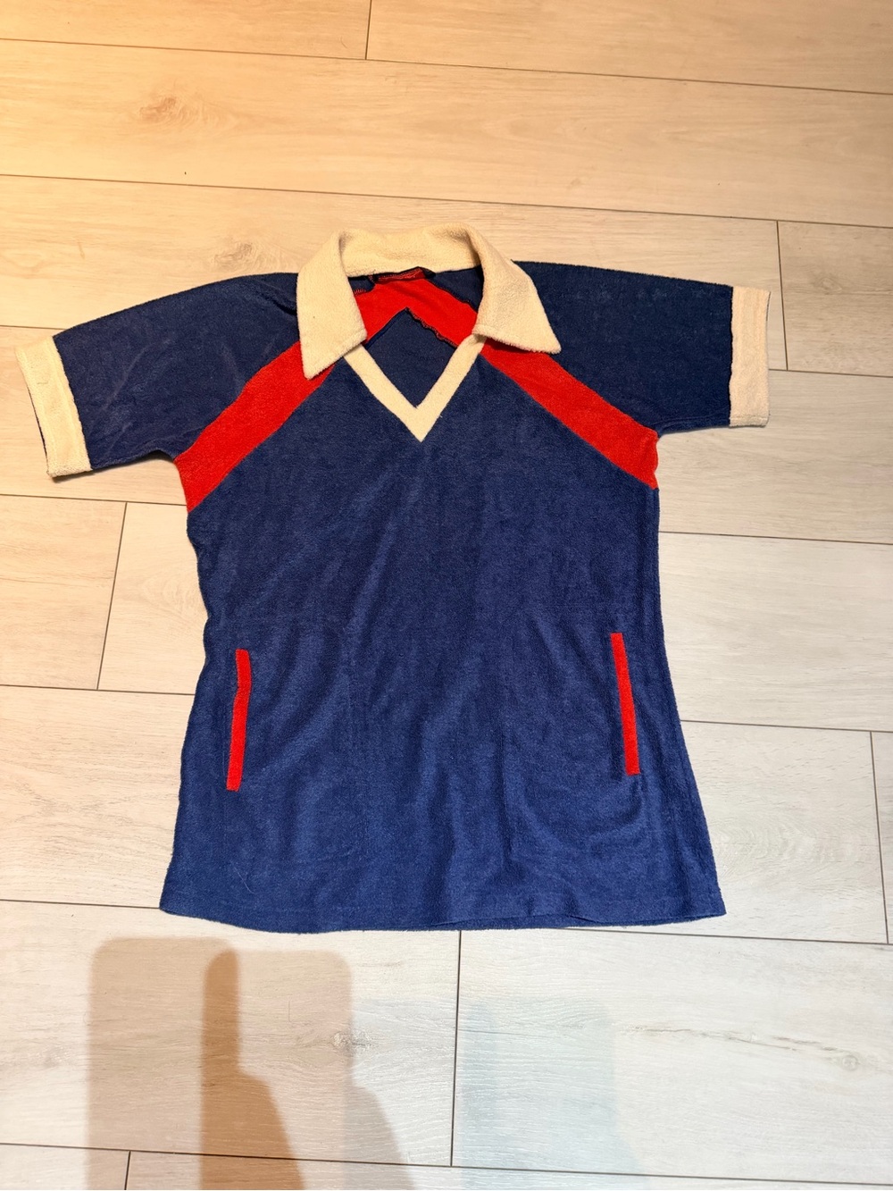 Vintage Blue Terry Pull Over Top with Red Accent and Cream Collar Pockets